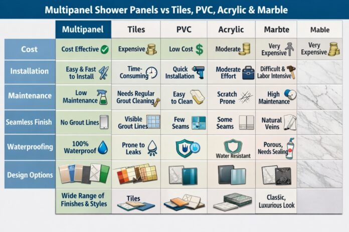 Multipanel shower panels vs tiles comparison in a modern UK bathroom