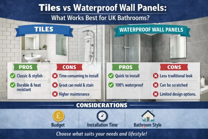 Tiles vs waterproof wall panels comparison in a modern UK bathroom